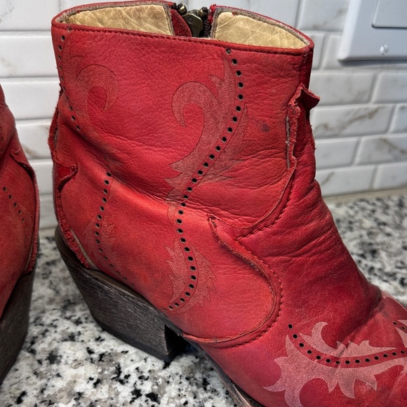 Women's Red Leather Western Ankle Booties - Stylish Embossed Design - Picture 8 of 16